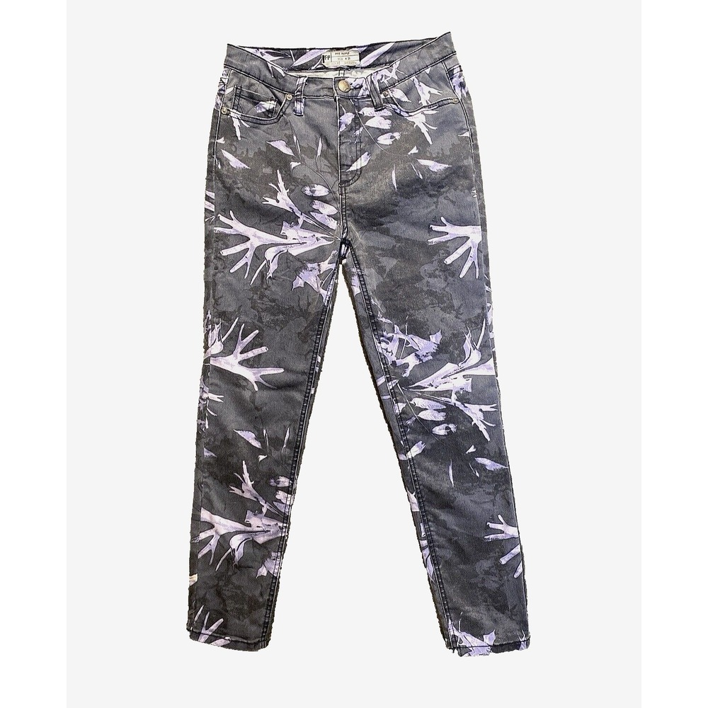 Free People Womens Purple‎ Gray Jeans Size 28 Leaf Print Stretch Faded Artsy